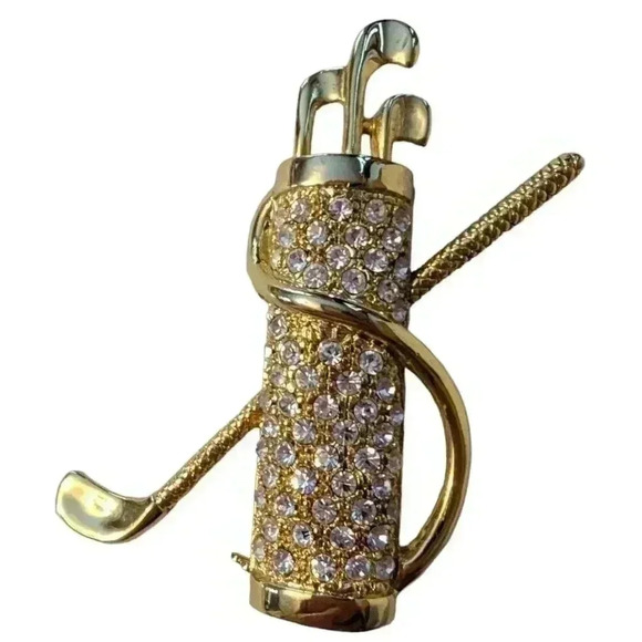 Jewelry - Golf Bag Rhinestone Brooch | Vintage Golfing Sweater Pin | 1980s Gold Tone Metal
